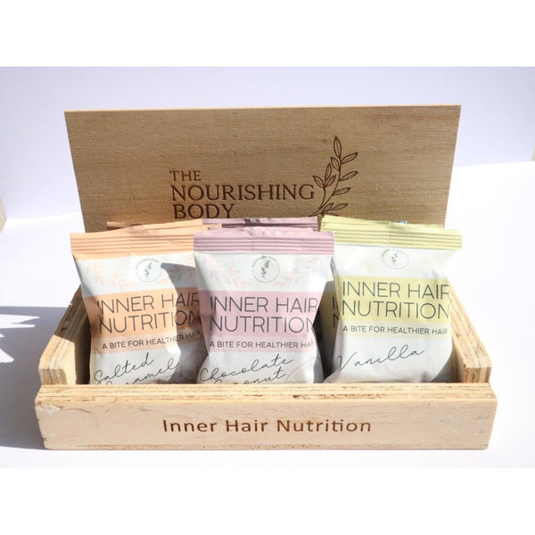 Timber salon display unit for inner hair nutrition bites